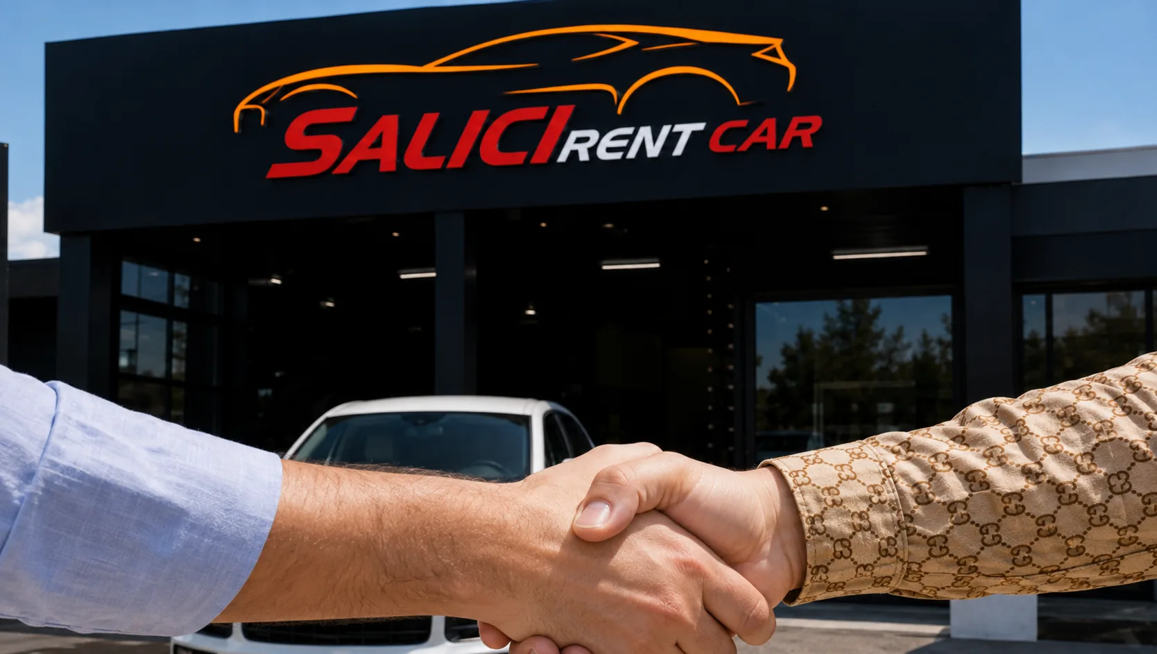 Stretta di mano tra cliente e staff davanti alla sede Salici Rent Car a Catania