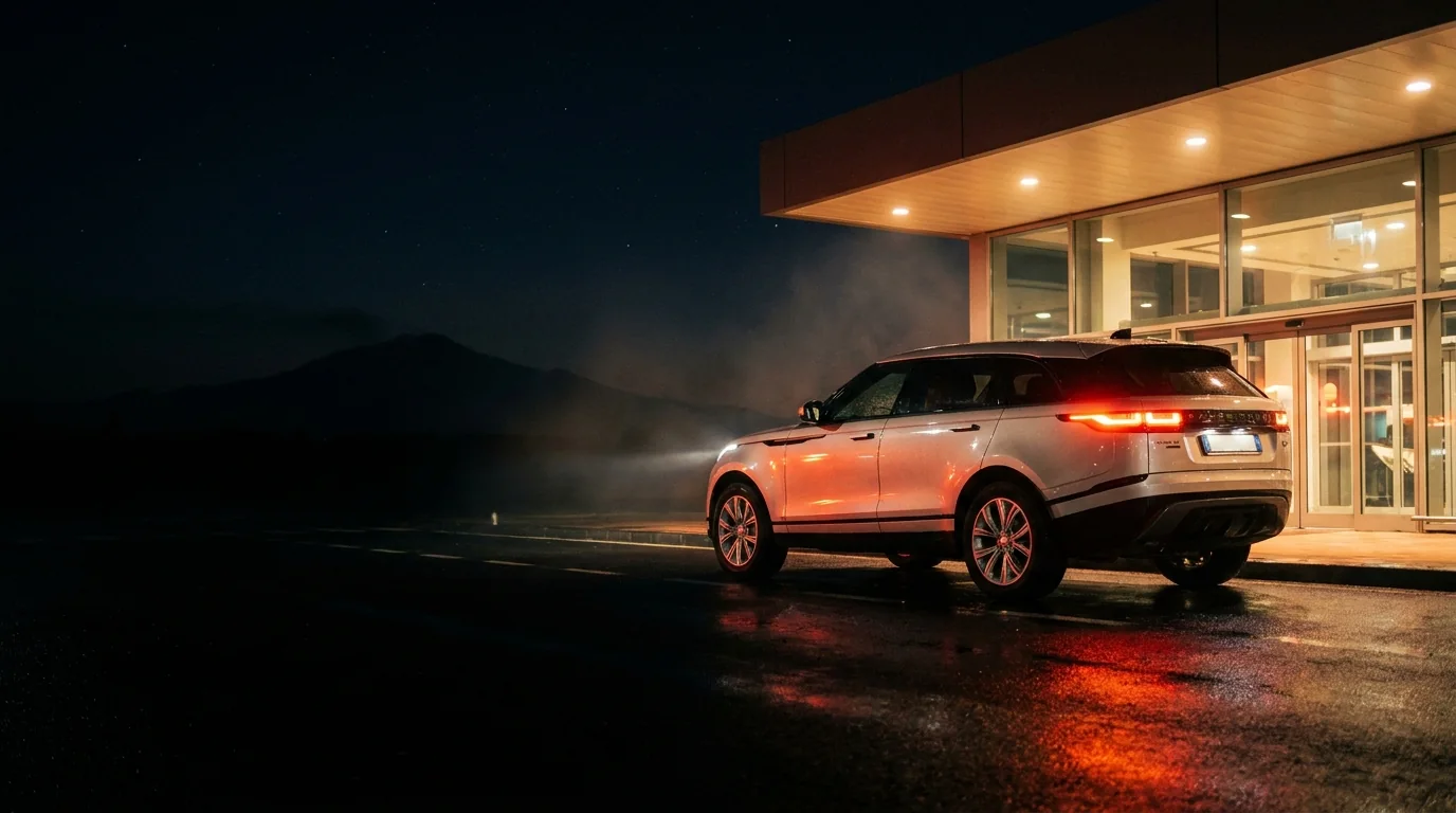Auto premium bianca in consegna davanti al terminal dell'aeroporto di Catania di notte